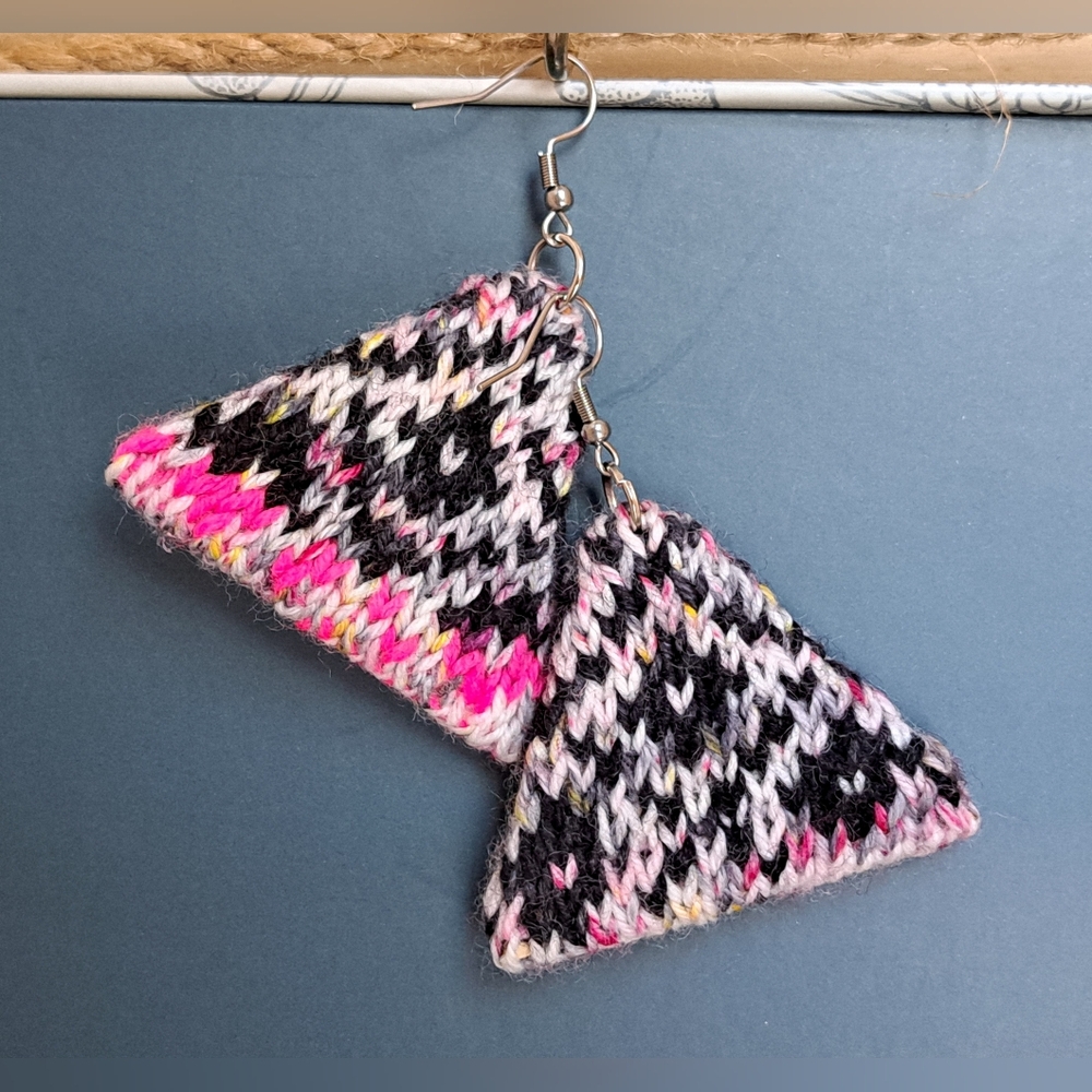 Hand Crafted Black and Pink Knit Earrings
